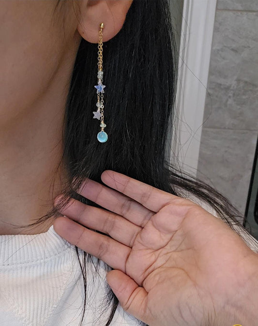 14K Gold Filled Opal Earrings for women, Star, moon, Chandelier earrings, Ethiopian Opal, flashy, Drop, Chic, Wire Wrapped, October birthday
